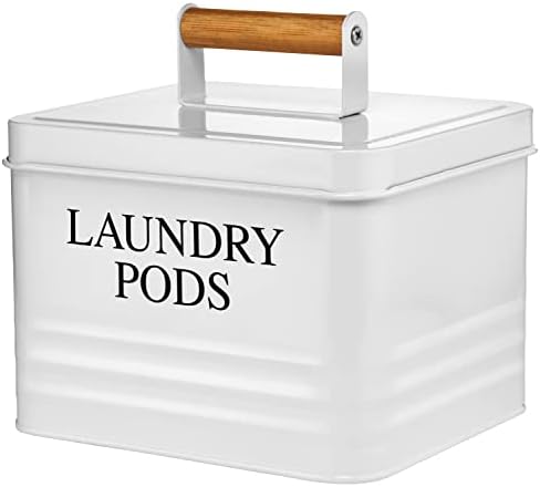 Calindiana Modern Farmhouse Metal Laundry Pods Holder Container with Lid for Laundry Room Decor and Accessories and Space Saving Organization and Storage, Holds 81 Laundry Pods, White