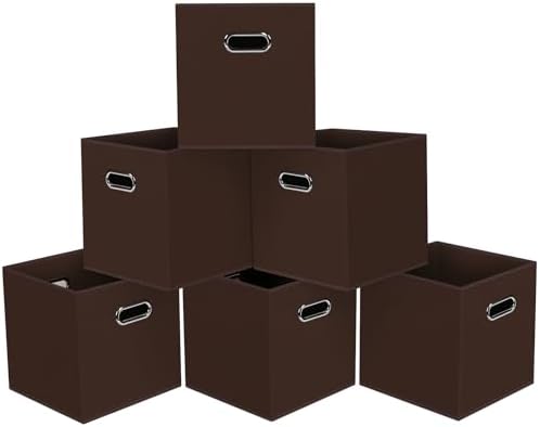 Black Foldable Storage Cubes Bins, Fabric Storage Box Cubes Organizer Baskets with Dual Handles for Home Organizer,Set of 6,(Coffee)