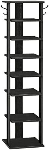 HOOBRO 8 Tiers Vertical Shoe Rack, Wooden Shoe Storage Organizer with Hooks, Narrow Shoe Tower for 8 Pairs, Space Saving, for Entryway, Living Room, Bedroom, Black BK07XJ01