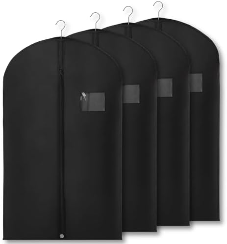 4-Pack Breathable Garment Bags for Hanging Clothes – Dust-Proof Suit & Dress Covers with Clear Window – Waterproof, Foldable Closet Storage Organizer for Coats, Gowns, and Jackets (Black, 40")