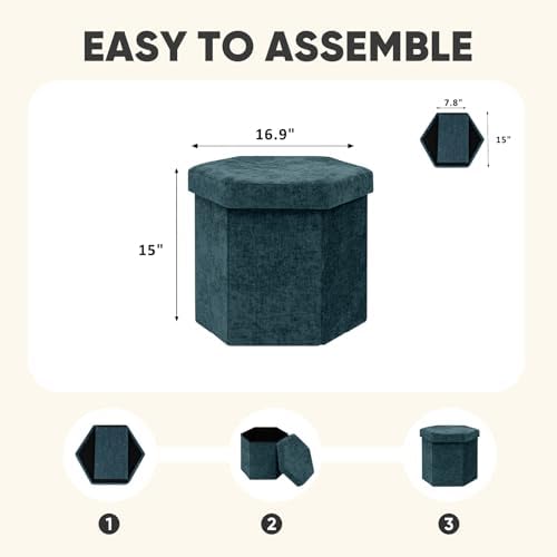 PINPLUS Chenille Hexagon Storage Ottoman, Foldable Upholstered Footstool with Lid, Soft Durable Seat Stool, 220LBS Capacity for Living Room Bedroom Entryway Blue