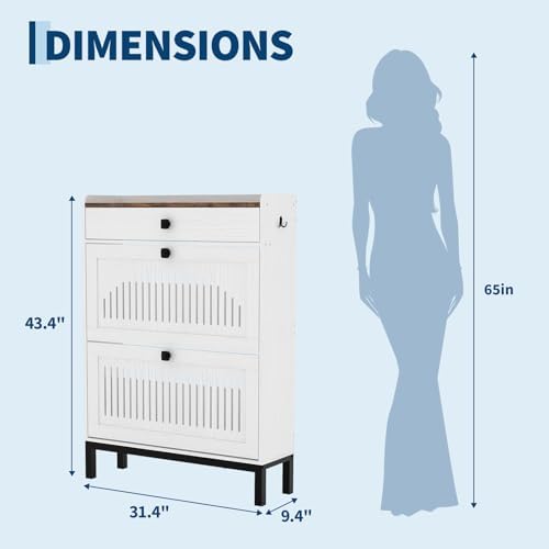 IDEALHOUSE Shoe Cabinet with 2 Flip Drawers and 1 Top Drawer, White
