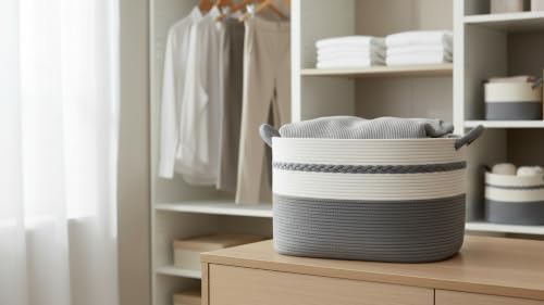 Large laundry basket woven from natural cotton rope with handles for storage clothes big decorative quilted baskets for blankets toys pillows hampers 22"x14.6"x12" Grey