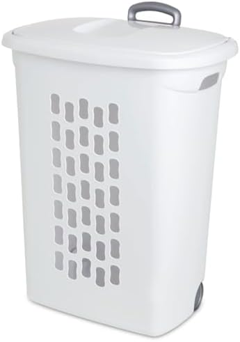 Sterilite Ultra Wheeled Hamper, Laundry Basket w/Flip-Top Lid, 18-Pack | Plastic Rolling Clothes Storage Cart with Retractable Handle & Ventilated Holes for Home, Apartment or Dorm