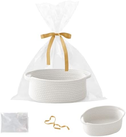 White Woven Rope Basket,Baby Gift Basket with Bag & Ribbon