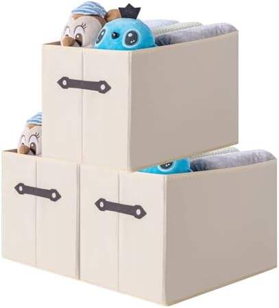 3 Pack Large Collapsible Storage Baskets for Shelves,14.9"x9.5" Fabric Closet storage Boxes with Leather Handles,Decorative Organizers Storage Bins for Clothes,Sheets,Toys,Books,Creamy-White