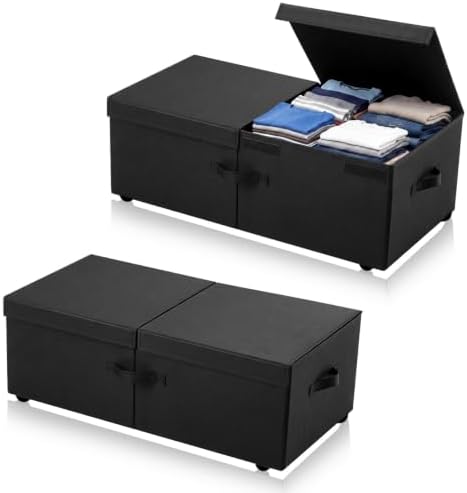 Geelin 2 Pack 80L Under Bed Storage with Wheels, 10 Inch Height Large Capacity Foldable Underbed Storage Bins with Lids & Handles, Easy Assembly Rolling Under Bed Containers for Clothes Blankets