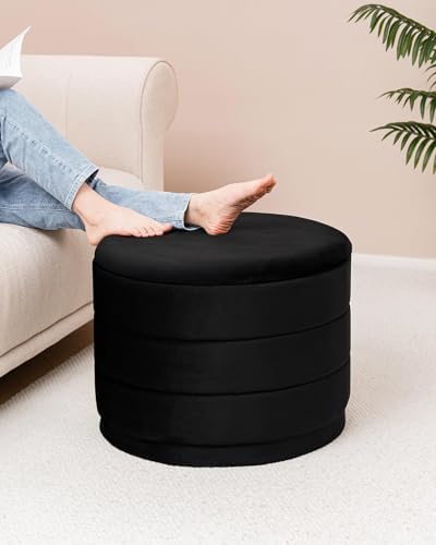 B FSOBEIIALEO 22.83" Round Velvet Storage Ottoman with Tray, Black