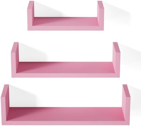 SRIWATANA Pink Floating Shelves, Set of 3 Solid Wood Wall Mounted Shelves