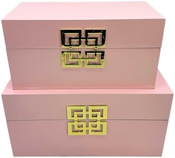 Galt International Storage Box Set Decorative Storage Box w/Hinged Lid Classic Design Wood Decor Boxes with Geometric Clasp Storage for Bedroom & Home - Set of 2 (Pink & Gold)