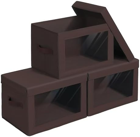 Homsorout Foldable Storage Boxes with Clear Window - Clothes Organizers and Decorative Bins with Lid, Fabric Storage Cube, Baskets for Shelves, Yarn, Home, Brown, 3 Pack