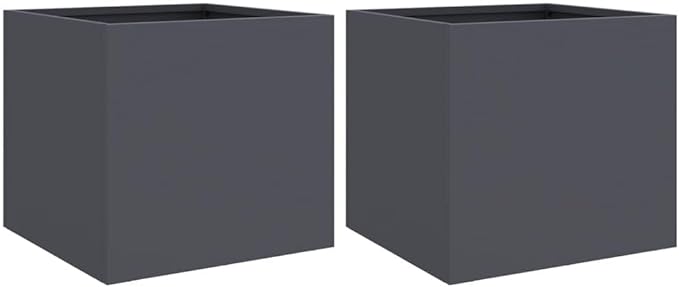 Anthracite Steel Outdoor Planter Set of 2 with Decorative Inlays, Cold-Rolled Metal Planters for Balcony Patio Garden, Durable Industrial Design for Plants and Flowers