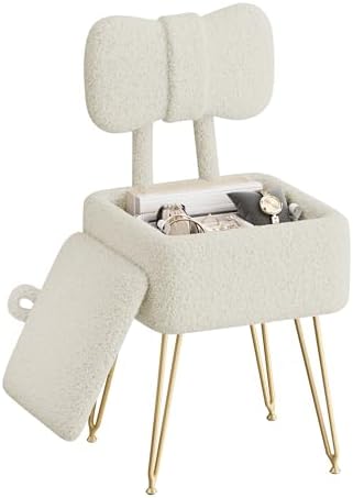 Small Vanity Stool Chair with Storage and Foldable Back, 14.2" D x 12.6" W x 28.3" H Soft Storage Ottoman, Footrest Stool, Teddy Fleece Vanity Stool for Makeup, Bedroom, Living Room, Beige