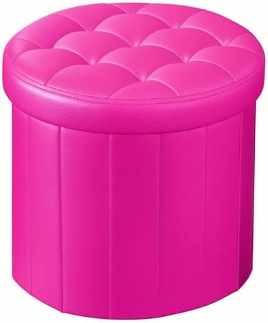 Bsketa Round Storage Ottoman, 14" Folding Leather Foot Stool Rest,Rose Red | Round Leather Poufs with Thicker Foam Padded Seat, Living Room, Bedroom, Dorm, Entryway, Easy to install,14 x 14 x 13in