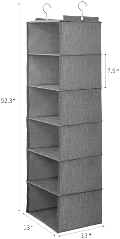 Large Hanging Sweater Organizer for Closet,Collapsible 6-Shelf Hanging Closet Shelves with Drawers, Washable (Grey-6 Shelf)