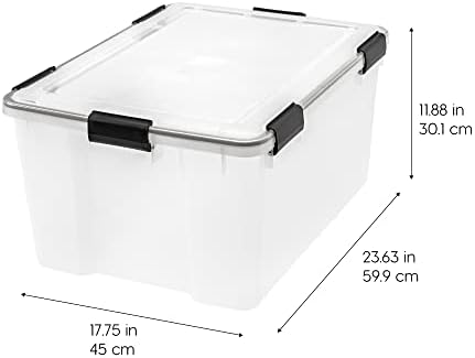 IRIS USA WeatherPro 63 Qt Storage Bins with Lids, 2 Pack, BPA-Free Plastic Gasket Box with Tight Latch and Seal, Stackable Nestable Tote Tub - Clear/Black