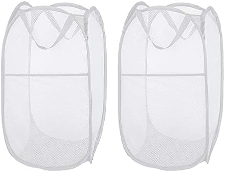 Larpur Pop Up Laundry Hampers, 2 pcs Portable White Mesh Laundry Baskets | Collapsible Clothes Laundry Bin for Bedroom, Travel, Bathroom, College Dorm, Cruise