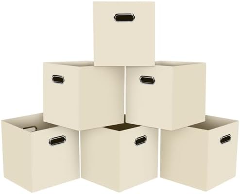 Black Foldable Storage Cubes Bins, Fabric Storage Box Cubes Organizer Baskets with Dual Handles for Home Organizer,Set of 6,(Creamy-White)