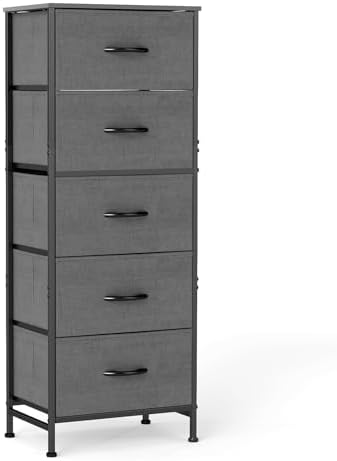 DUMOS Nightstand with 5 Drawers, Bedside Table with Removable Fabric Bins, Sturdy Steel Frame Wood Skinny Dresser Furniture for Bedroom Closet Living Room, Grey