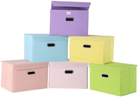 STOREONE Fabric Storage Cube Bins Foldable Organizer Container Collapsible Basket with Lids and Metal Handles, for Home, Bedroom, Closet 6 Pcs (multicolour)
