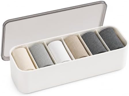 6-Compartment Sock Organizer with Lid, Polypropylene Underwear Drawer Storage Box with Removable Dividers for Closet, Dresser, Ties, Belts and Small Accessories