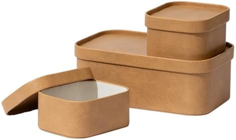 La Jolie Maison Faux Leather Decorative Storage Baskets, Camel 3 Pack | PU Leather Stroage Boxes with Lids, Organizer for Jewelry and Vanity, Shelves, Drawers, Bedroom & Closet Storage Memory Box