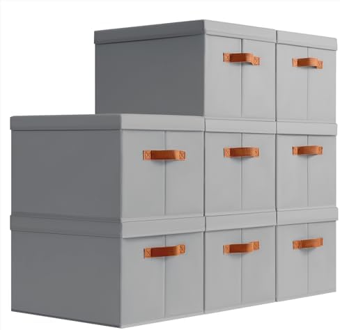 Homsorout Storage Bins with Lids - Large Fabric Closet Bins with Lid, 8 Pack Clothes Organizers and Storage, Collapsible Stackable Cube Basket for Home, Office, Dorm, Grey