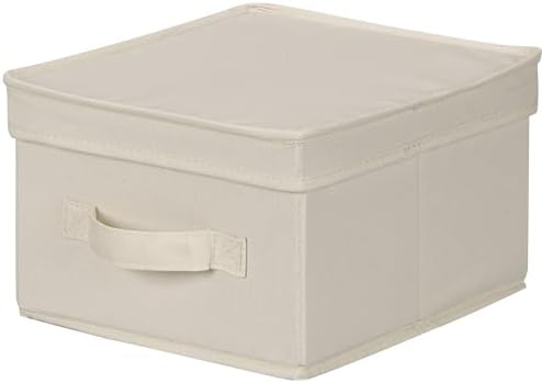 Household Essentials 111 Storage Box with Lid and Handle - Natural Beige Canvas - Medium,Natural Trim