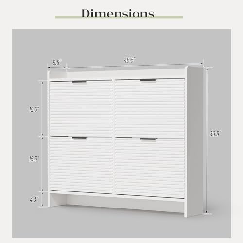 MU 46.5" W Fluted Shoe Storage Cabinet for Entryway, Shoe Cabinet with 4 Flip Drawers, Narrow Wood Shoe Rack Cabinet, Freestanding Hidden Shoe Organizer with Wooden Legs for Hallway, Entrance, White