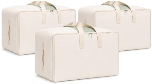 DoYiKe Soft Canvas Clothes Storage Bags with Four Carrying Handles and Clear Window, Closet Organizer for Clothing, Blankets Sheets and Bedding, 55L, 3 Pack, Beige