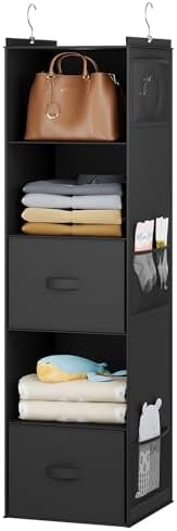 YOUDENOVA Hanging Closet Organizer, Hanging Shelves with Drawers, Black