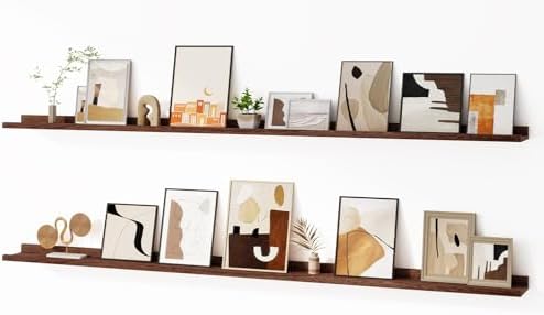 Floating Picture Ledge Shelves for Wall Set of 2, 72 Inches Picture Ledge Shelf with Long Large Nursery Book Shelf for Toys Storage Kids Bookshelf Wall Mounted Living Room Bedroom Decor Frames, Walnut