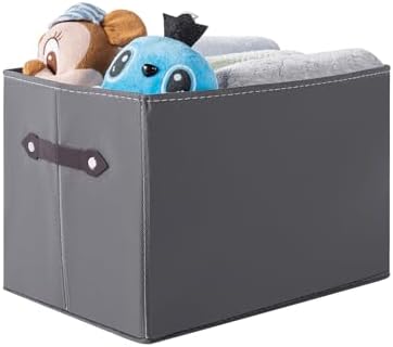 1 Pack Large Collapsible Storage Baskets for Shelves,14.9"x9.5" Fabric Closet storage Boxes with Leather Handles,Decorative Organizers Storage Bins for Clothes,Sheets,Toys,Books,(Gray)