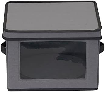 Household Essentials Dinner Plate Storage Box, Strong Frame and Handles, Windowed Panel, Fully Removable Lid, Stackable and Foldable, Perfect for Preserving Your Dinnerware, Gray