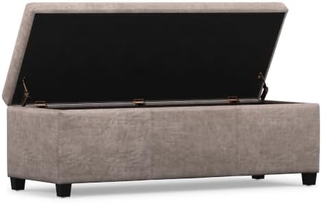 SIMPLIHOME Avalon 48" Wide Vegan Leather Storage Ottoman in Grey | Distressed grey taupe, contemporary lift-top ottoman with high-density foam; rectangle storage bench for living room.