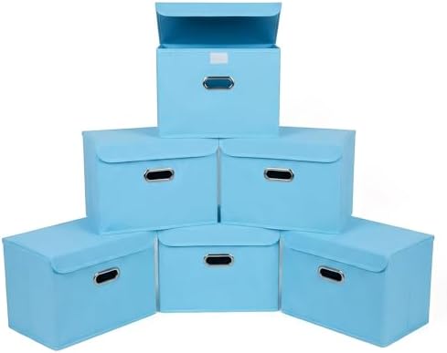 STOREONE Fabric Storage Cube Bins Foldable Organizer Container Collapsible Basket with Lids and Metal Handles, for Home, Bedroom, Closet 6 Pcs (multicolour-blue)
