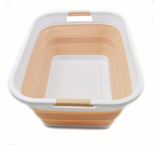 SAMMART 41L (10.8 gallon) Collapsible Plastic Laundry Basket - Foldable Pop Up Storage Container/Organizer - Portable Washing Tub - Water capacity: 32L (8.4 gallon) (Rectangular, White/Beige)