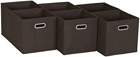 Household Essentials Fabric Storage Bins in Strong Poly‑Woven Fabric with Sturdy Chipboard Sides, and Grommet Front Handle, Brown, Set of 6