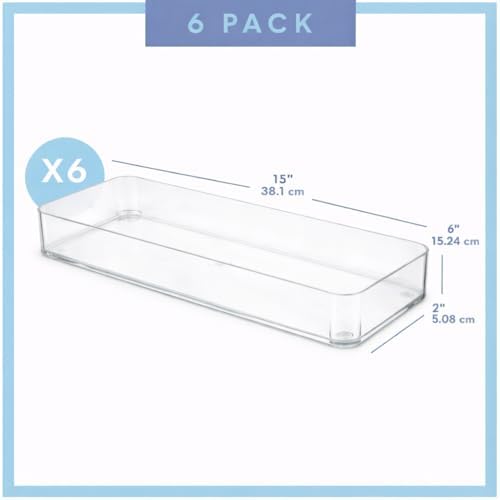 primebox Plastic Clear Acrylic Drawer Organizers. Bathroom, Kitchen, Bedroom, Utensils, Office Organizer Bins, Storage Trays. Heavy Duty, Stackable. 15" x 6" x 2" Set of 6