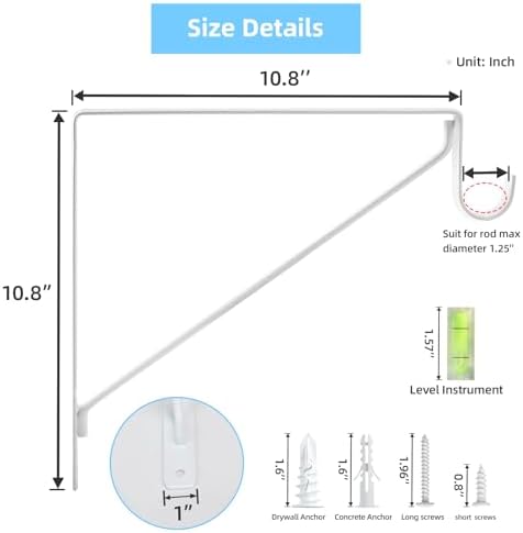 6-Pack Closet Rod Bracket, 10.8x10.8Inch Closet Shelf Brackets Heavy Duty Wall Mounted, Matte White Steel Closet Rod Support Brackets Holder, 300 Lbs Load Capacity with Anchors Screws