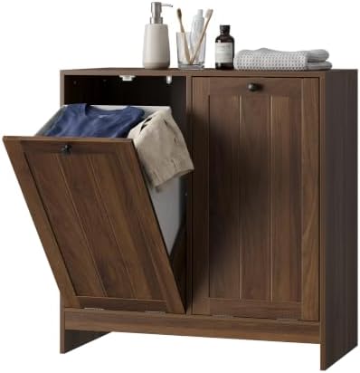 Smart FENDEE Double Tilt Out Laundry Hamper Cabinet, 11.8 Gallon Hidden Trash Cabinets with 2 Baskets for Kitchen, Freestanding Small Bathroom Storage Cabinet Unit, Walnut