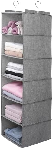 Large Hanging Sweater Organizer for Closet,Collapsible 6-Shelf Hanging Closet Shelves with Drawers, Washable (Grey-6 Shelf)