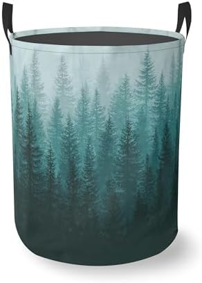 Green Misty Forest Round Laundry Hamper Storage Basket Toys Clothes Organizer Bin For Home Bathroom Bedroom Dorm Nursery