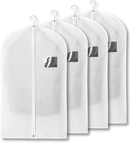 4-Pack Breathable Garment Bags for Hanging Clothes – Dust-Proof Suit & Dress Covers with Clear Window – Waterproof, Foldable Closet Storage Organizer for Coats, Gowns, and Jackets (White, 40")