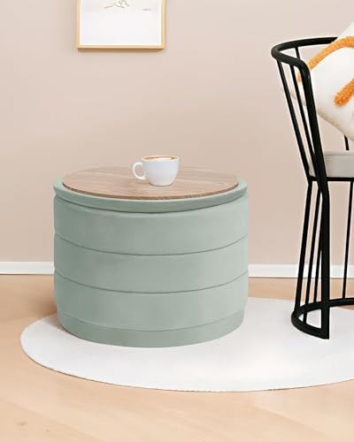 B FSOBEIIALEO 22.83" Round Velvet Storage Ottoman with Tray, Sage