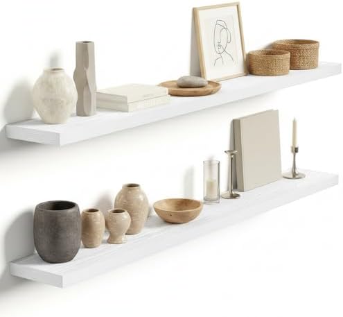 Vivelove Floating Shelves 9 inch Deep 55”Long Set of 2, White | Easy Install With Hardware, 1.5" Thick, Invisible Brackets, Wall Mounted, No Sagging, For Any Room