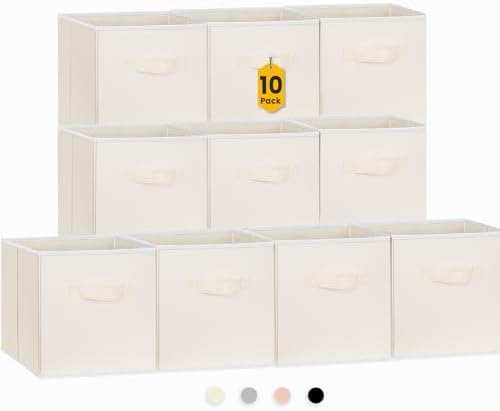 Criusia Storage Cubes, 11 Inch Clothes Storage Bins with Dual Handles (10 Pack), Fabric Collapsible Storage Bins for Shelves Closet, Cubby Organizer Bins for Clothing Toys Blanket Magazines (Beige)
