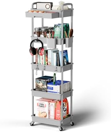 Sorgion 5 Tier Rolling Cart Organizer,Bathroom Cart Organizers with Wheels Laundry Room Organization Mobile Shelving Unit Utility Cart Storage Shelves Multi-Functional for Office, Home(Grey)