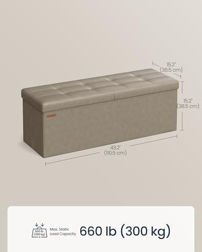 SONGMICS HOME Foldable Foot Rest Stool, Storage Ottoman, Tufted Design, PU Leather, for Entryway, Living Room, 43.2 Inches, Khaki