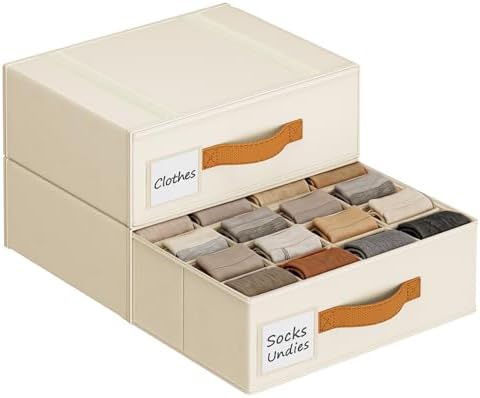 DIMJ Underwear Organizer for Closet 1 Pack, 16 Cell Sock Drawer Organizer Divider, Stackable Closet Storage Drawers, Fabric Organizer for Socks, Panties, Bra, Belt, Ties, Baby clothes, Scarf, Beige